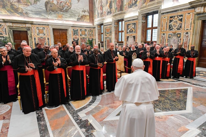 Pope Francis meets members of the Dicastery for the Doctrine of the Faith in the Apostolic Palace at the Vatican in January. Photo: CNS photo/Vatican Media