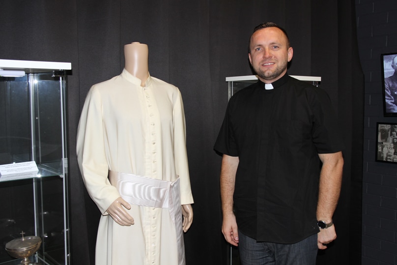 The cassock of St Pope John Paul II, a second-class relic, was carried by Fr Greg on board his flight from Poland to Sydney in February.  Photo: Supplied