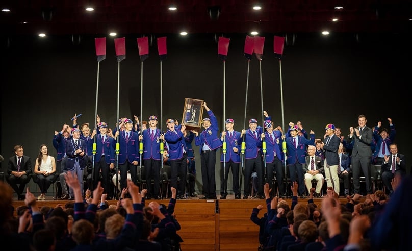 St Joseph’s First VIII rowing crew take victory at the GPS Head of River. Photo: Supplied
