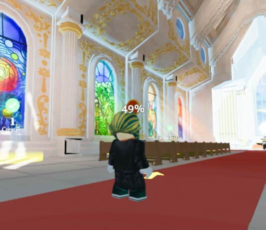 MetaSaint users are immersed into the narrative through a series of cathedral stained-glass windows is a clever call-back to the very purpose of those windows in the church’s history. Screenshot: MetaSaint/ROblox