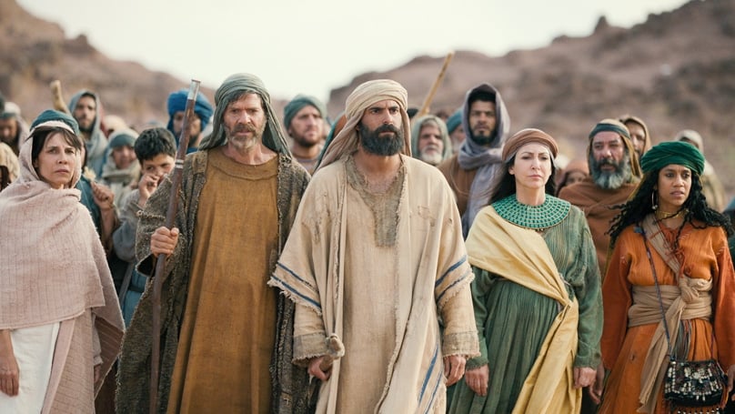 Moses (Avi Azulay) stand between siblings Aaron (Ishai Golan) and Miriam (Reymonde Amsellem) as they walk towards the Red Sea. Photo: Netflix