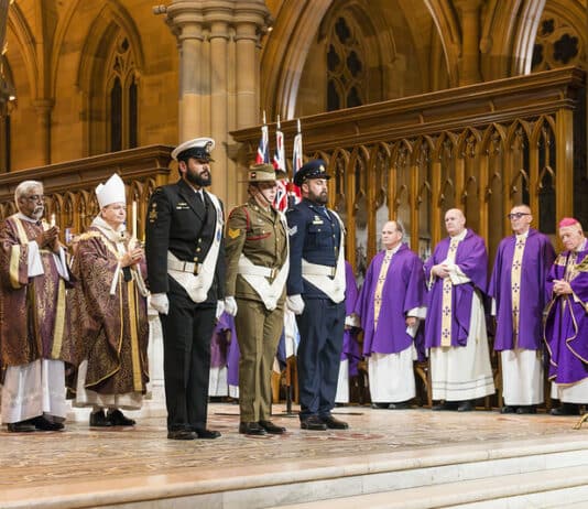Australia’s defence forces were represented at the vigil Mass for Anzac Day at St Mary’s Cathedral on 24 April. Photo: Patrick J Lee